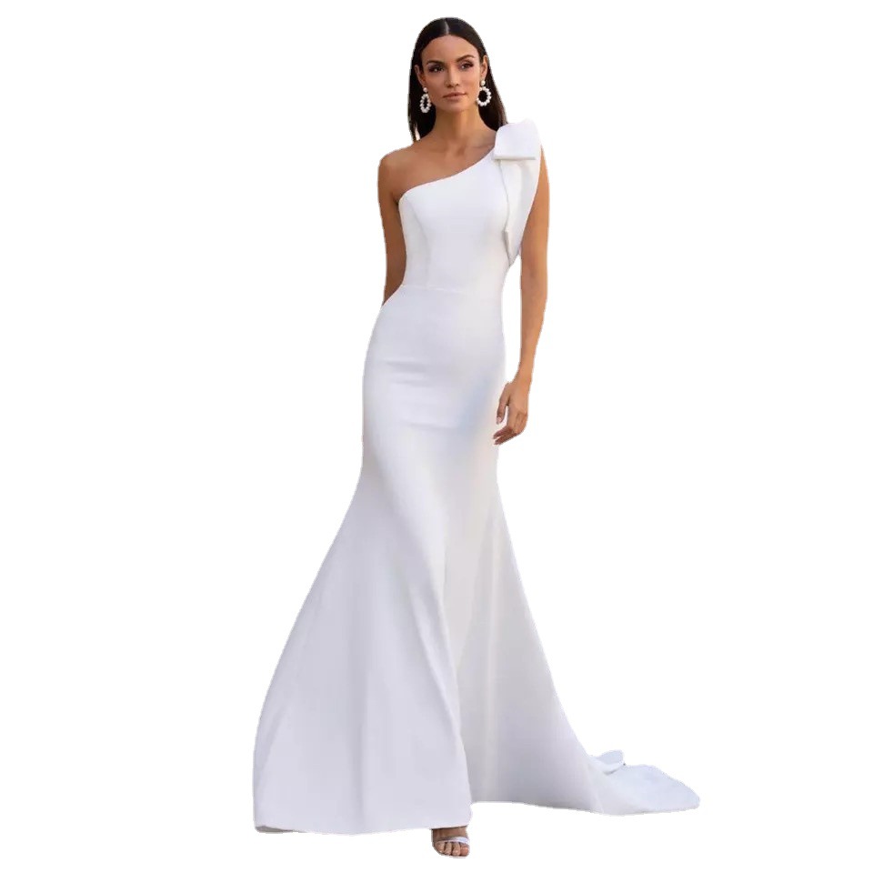 Europeo y americano Amazon Comercio exterior satén sirena vestido de novia un hombro Blanco/Marfil cinturón costero mariposa image 6