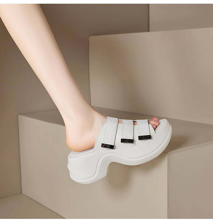 Dép sandal hở mũi nữ đế bệt 7cm tăng chiều cao quai ngang Velcro — đen, Màu trắng sữa chi tiết 13