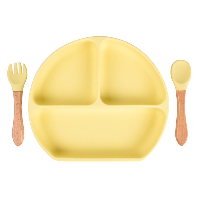 スポット分格子供食器ベビー吸盤シリコンボウル赤ちゃんスプーンストロー一体式シリコン皿|undefined