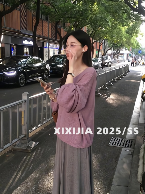 CHIC希希家 温柔软糯慵懒紫色罩衫女秋冬镂空微透防晒长袖针织衫|undefined