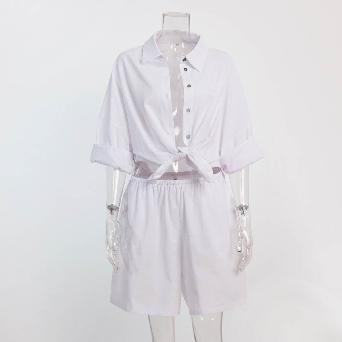 Cross-Border European And American 2025 Summer New Women Vacation Casual Loose Long Sleeve Shirt + Shorts Set_ecoleips.com