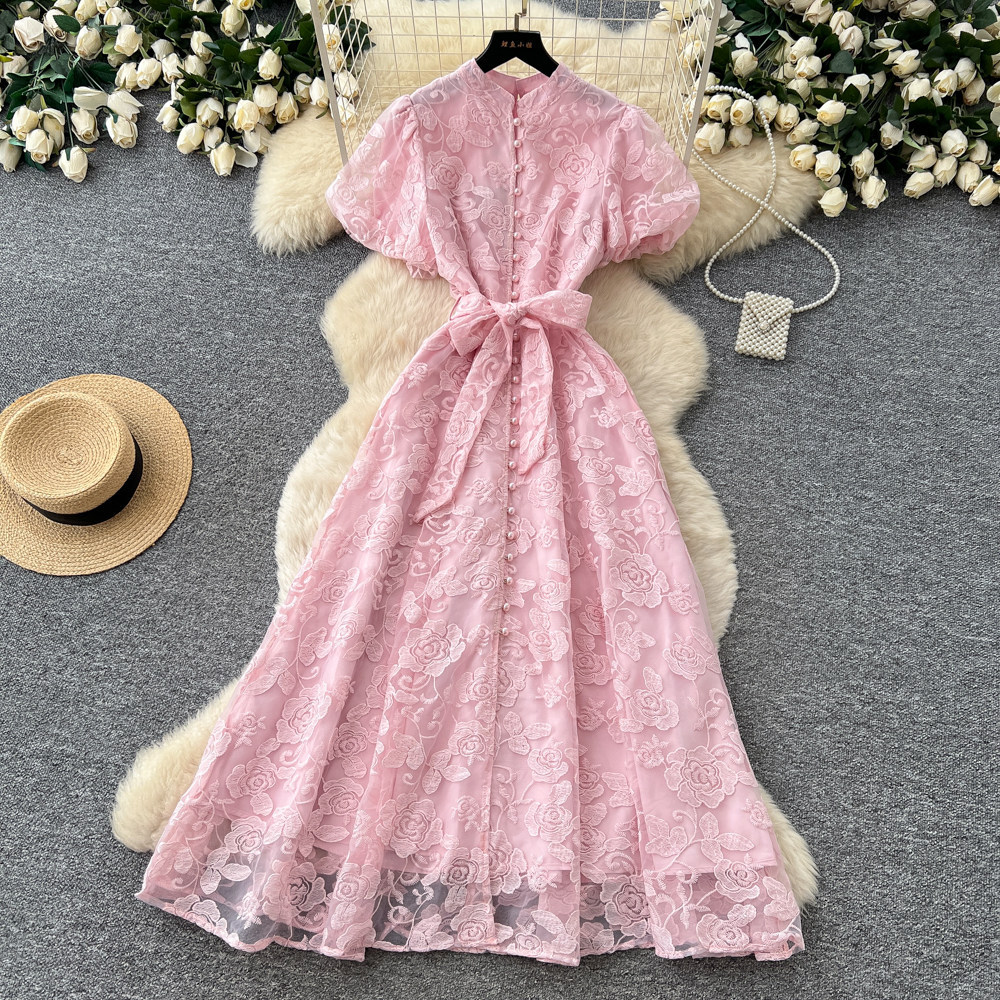 Elegant Lace Embroidered Dress for Women High-Waisted A-Line Skirt Summer Suitable for Commuting And Banquets_ecoleips.com