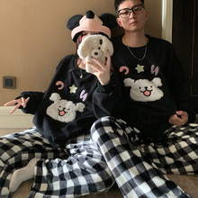 情侣睡衣女秋冬季珊瑚绒加厚加绒套装可爱卡通格子小羊男士家居服