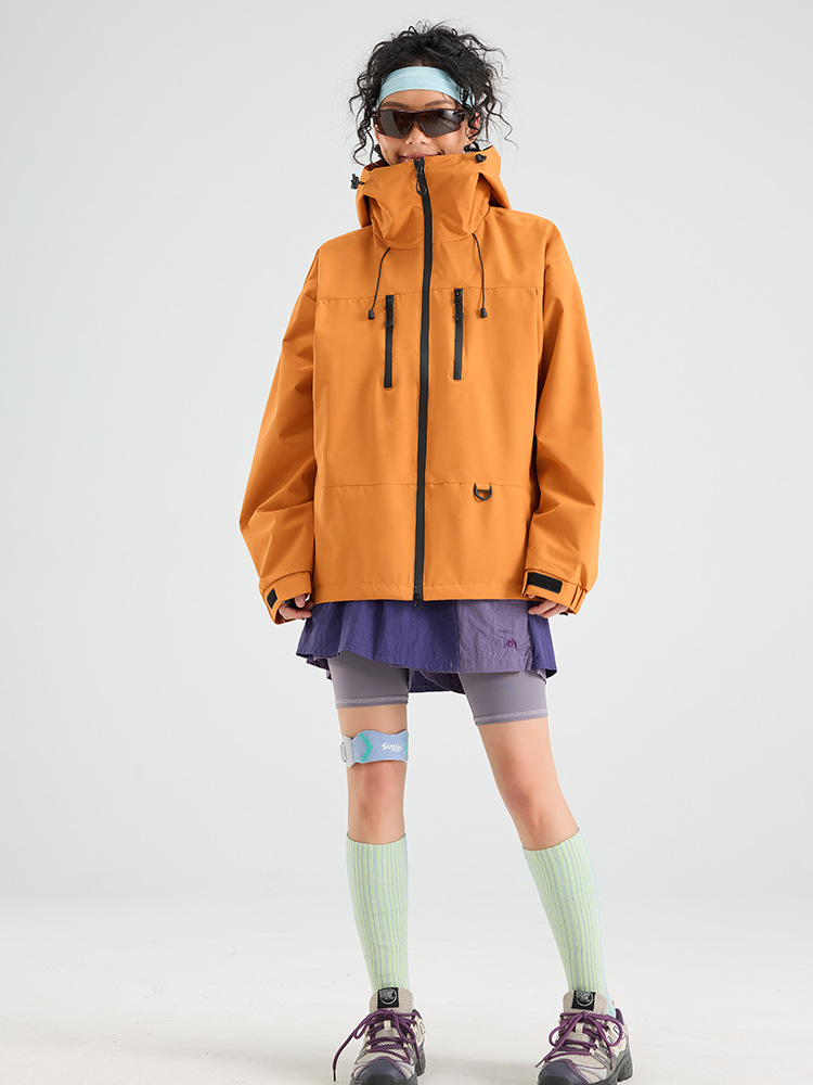 Orange windbreaker jacket, unisex design, windproof, with a hood, fashionable, double-zipper closure, suitable for outdoor activities and hiking, single-layer outerwear
