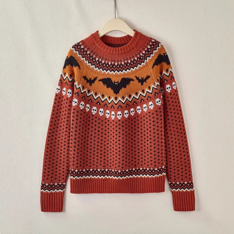 Bat Pattern Crewneck Fair Isle Sweater Halloween Long Shoulder Sleeve Sweater for Fall and Winter Bat Pattern Crewneck Fair Isle Sweater Halloween Long Shoulder Sleeve Sweater for Fall and Winter