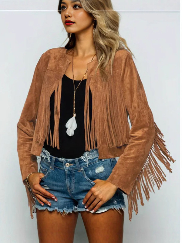 2025 Cross-Border European and American Women's European and American Style Tassel Round Neck Casual Fashion Jacket Faux Suede Cardigan Coat