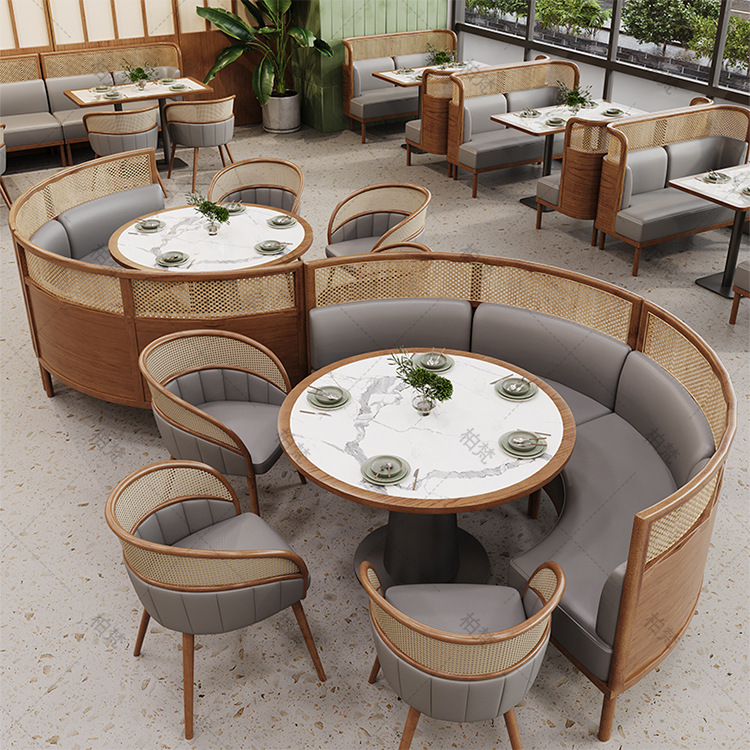 Comedor temático sofá de asiento de tarjeta sala de arroz de tela de tela de caña restaurante de madera sólida Hotpot restaurante mesa y silla combinación