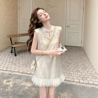 杏色国风无袖连衣裙夏季款新款气质轻奢高级感大方得体巨好看裙子