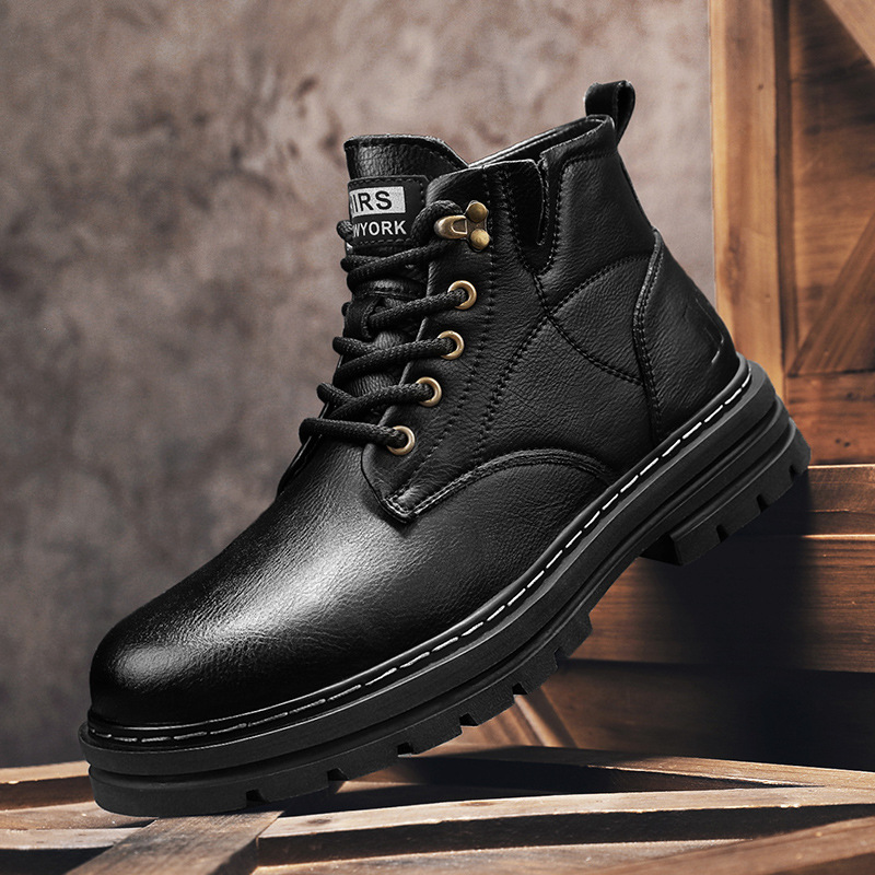 Otoño y invierno de tendencia de cuero casuales botas Martin para hombres ropa de estilo británico botas de hombre calentadas zapatos de hombre tubo medio para hombres