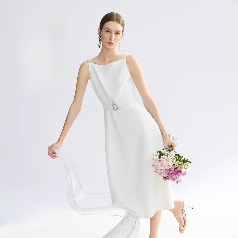 【Focus Series】Lang Series Acetate Strap Dress 2026 Summer New Style Off-Shoulder Waist-Cinching Slimming Dress