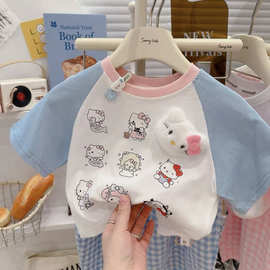 新款女童立体KT猫短袖T恤儿童拼色纯棉印花洋气上衣