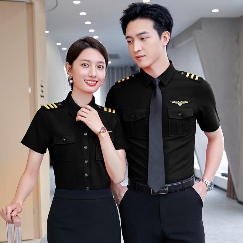 2025 Summer Security Uniform Stewardess Captain Shirt Men's and Women's Short Sleeve Red Marching Band Snare Drum Performance Clothing