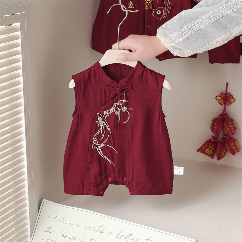 New Trendy Chinese-Style Baby Romper, Summer Thin Style, Red Sleeveless Crawling Suit for Baby's 100-Day or First Birthday Celebration