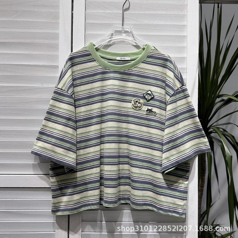 2025 夏新日本ニコトップカジュアルコットン猫刺繍パッチコントラストストライプ半袖 Tシャツ女性用|undefined