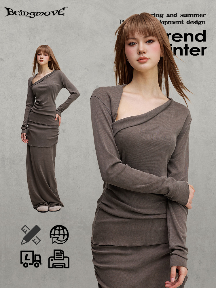 Calle secada| 2025 otoño de la moda europea y americana caliente hombro inclinado delgado micro pliegue delgado caída camiseta de mangas largas mujeres image 4