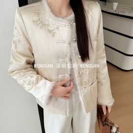 南油轻奢女装【浅金软枝】月白刺绣貂毛盘扣鹅绒服复古新中式国风