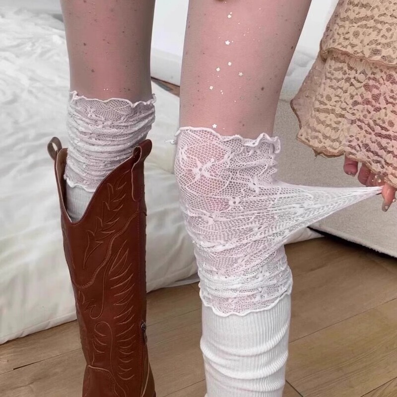 Autumn and Winter Maillard Black Over-the-Knee Socks High Barrel Women's Sexy Lace Boots Socks Pile Socks