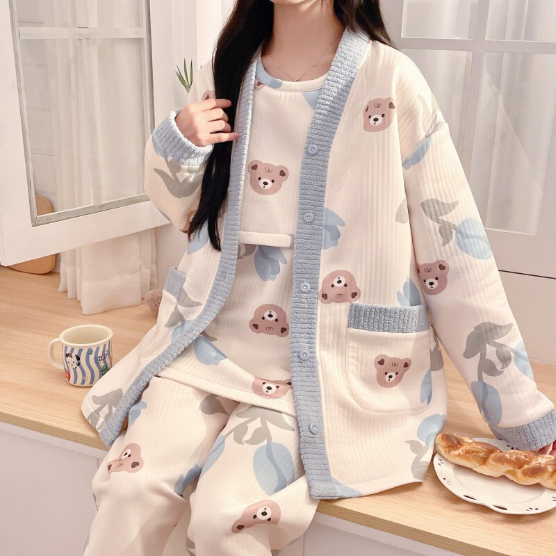 春秋冬季三件套空气棉产后喂奶哺乳月子服怀孕期加厚保暖孕妇睡衣|undefined