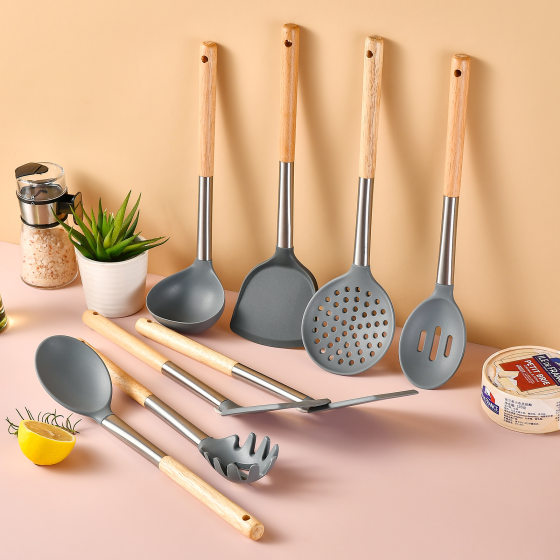 Oak handle non-stick silicone cookware cooking spatula spoon kitchen tools stir-fry spatula soup spoon kitchen sets