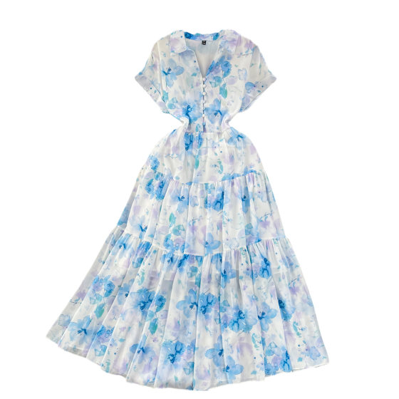 Gentle Style Floral Long Dress French Style Retro Elegant Short-sleeved Lel Waist Slimming A- line Floral Dress for Summer