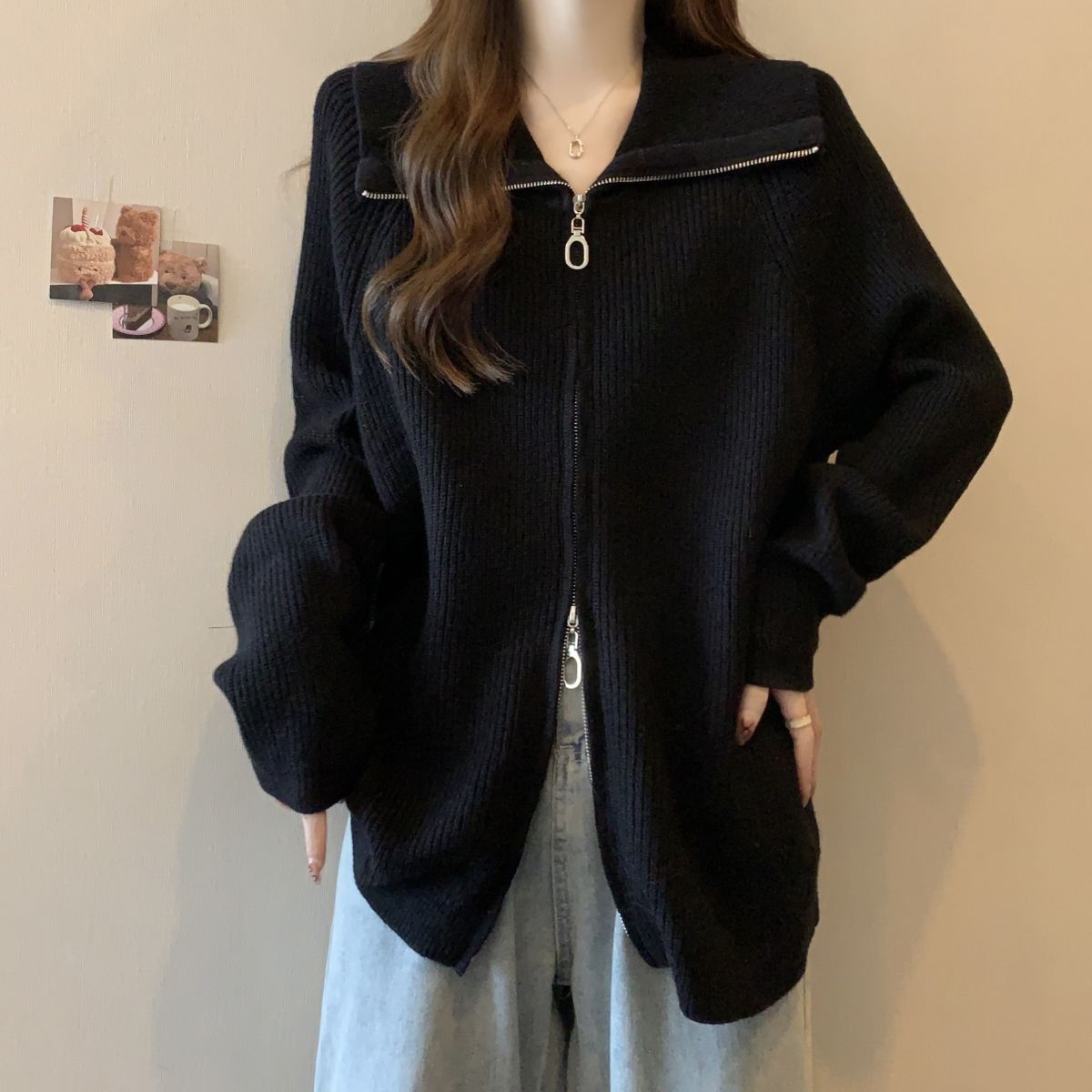 慵懒风娃娃领毛衣开衫外套女秋冬大码胖mm双拉链中长款翻领针织衫