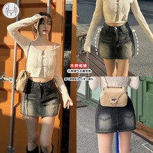 丰胯黑灰水洗高腰显瘦牛仔裤裙短裙女弹力修身显高紧身包臀半身裙