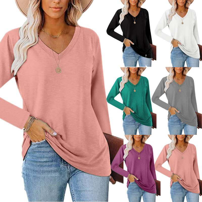 2024 New V-neck Loose Long sleeved T-shirt Women's Solid Color Bottom Top_voghion.com