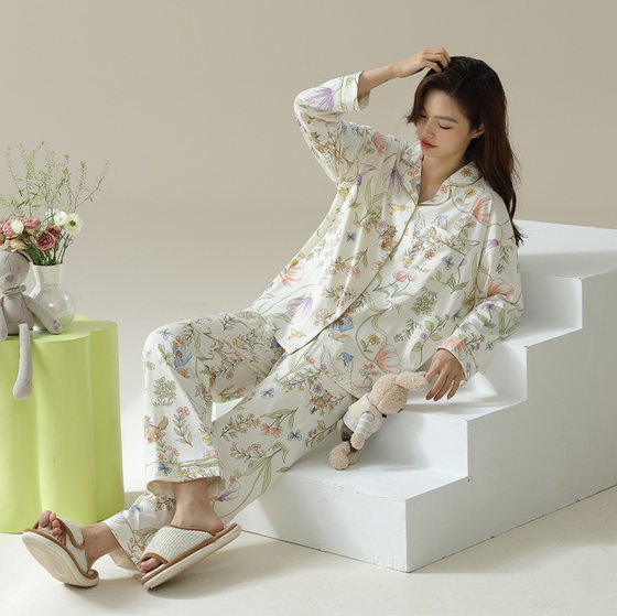 [Illustrator Cooperation] Colorful Garden Spring and Autumn Pajamas Women's Long Sleeve Cotton Rack Cotton Home Clothes suit
