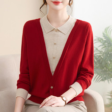 中老年女装洋气长袖薄毛衣妈妈秋装假两件上衣翻领针织打底衫上衣