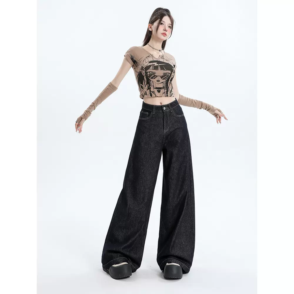 丹宁阔腿牛仔裤女2025年新款高腰美式复古慵懒宽松垂感拖地裤子