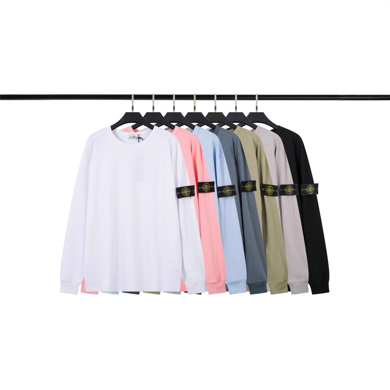 Cross-Border Stone Stone Pure Color Badge Real Estate Armband Round Neck Fitted T-Shirt for Men and Women Loose Long-Sleeved Island Cross-Border Stone Stone Pure Color Badge Real Estate Armband Round Neck Fitted T-Shirt for Men and Women Loose Long-Sleeved Island