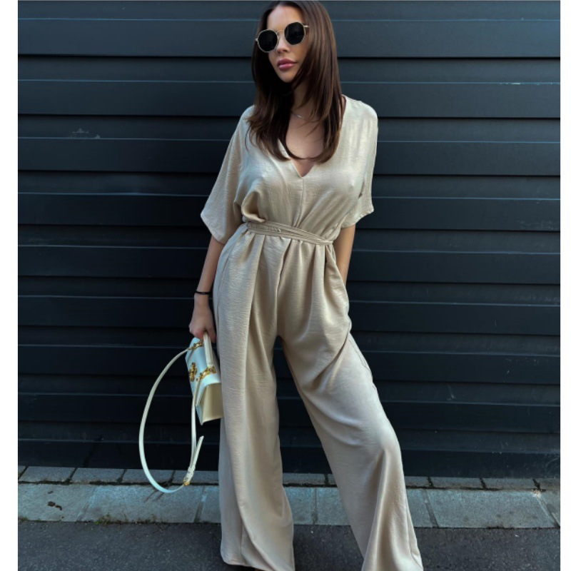 European and American Export Spot Women's Clothing 2025 New Fashion Pure Color Lace-Up Waist Deep V Neck Casual One-Piece Wide-Leg Pants