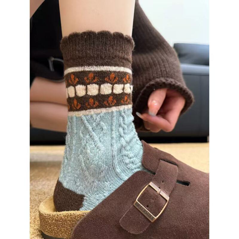 Blue and Brown Twisted Wool Socks with a Vintage Vibe, Versatile Slouch Socks for Autumn and Winter, Thickened Warm Socks Ins