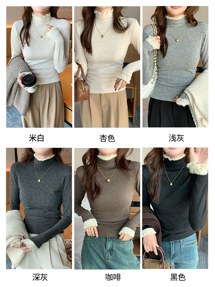 Вязаный свитер женский, кружевной воротник-стойка, slim fit, приятный к телу