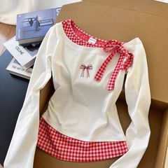 拼色格子假两件长袖T恤女早春新款韩系设计感超好看独特漂亮上衣