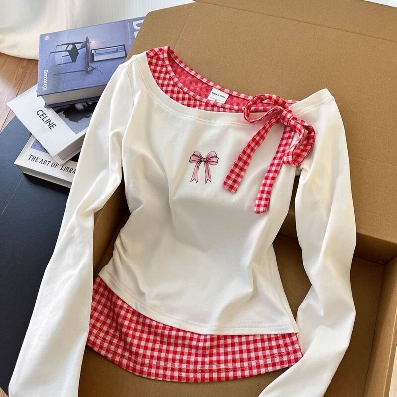 Color-Blocked Plaid Fake Two-Piece Long-Sleeved T-Shirt for Women in Early Spring New Korean Design Super Nice and Unique Beautiful Top Color-Blocked Plaid Fake Two-Piece Long-Sleeved T-Shirt for Women in Early Spring New Korean Design Super Nice and Unique Beautiful Top