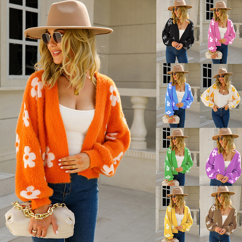 2026 Autumn New Cross-Border European and American Cardigan Ins Internet Celebrity Street Style Short-Sleeve Trendy Short Knit Top with Floral Design