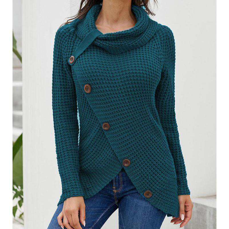 Suéter Amarillo Nuevo de Otoño 2023, Estilo Transfronterizo, con Botones, Cuello Alto, Color Sólido, de Manga Larga, Tejido, Informal y Versátil para Mujer