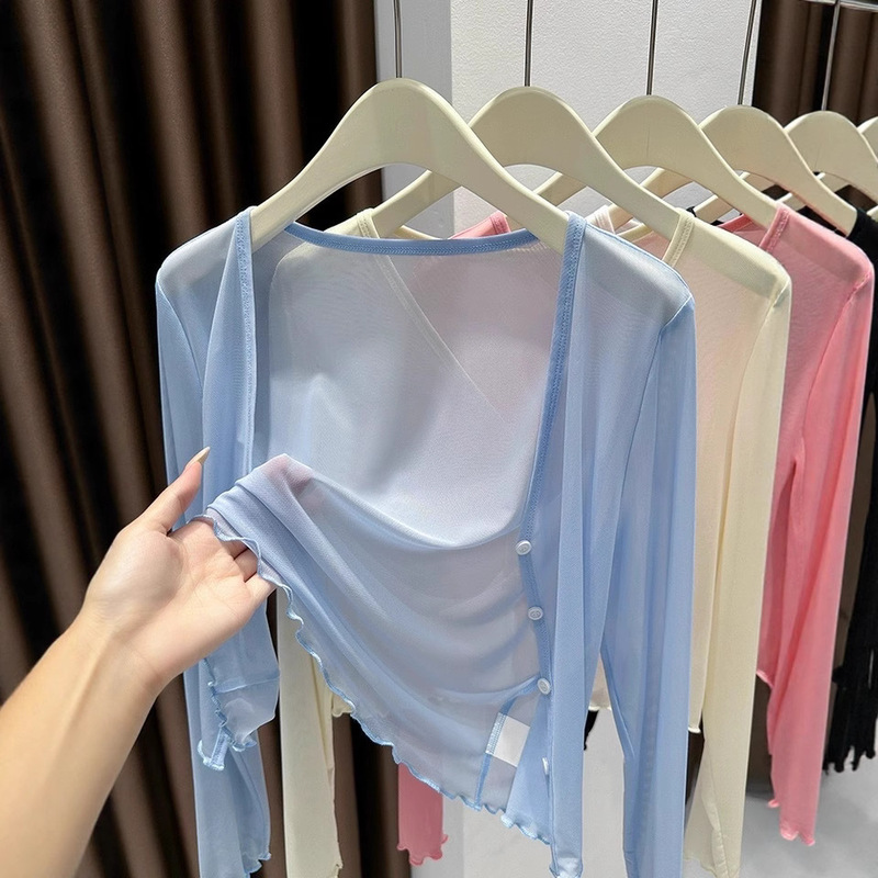 Ice Silk Cool Tulle Sun Protection Cardigan Women's Shawl Summer with Skirt Suspender Outer Blouse Transparent Mesh Top