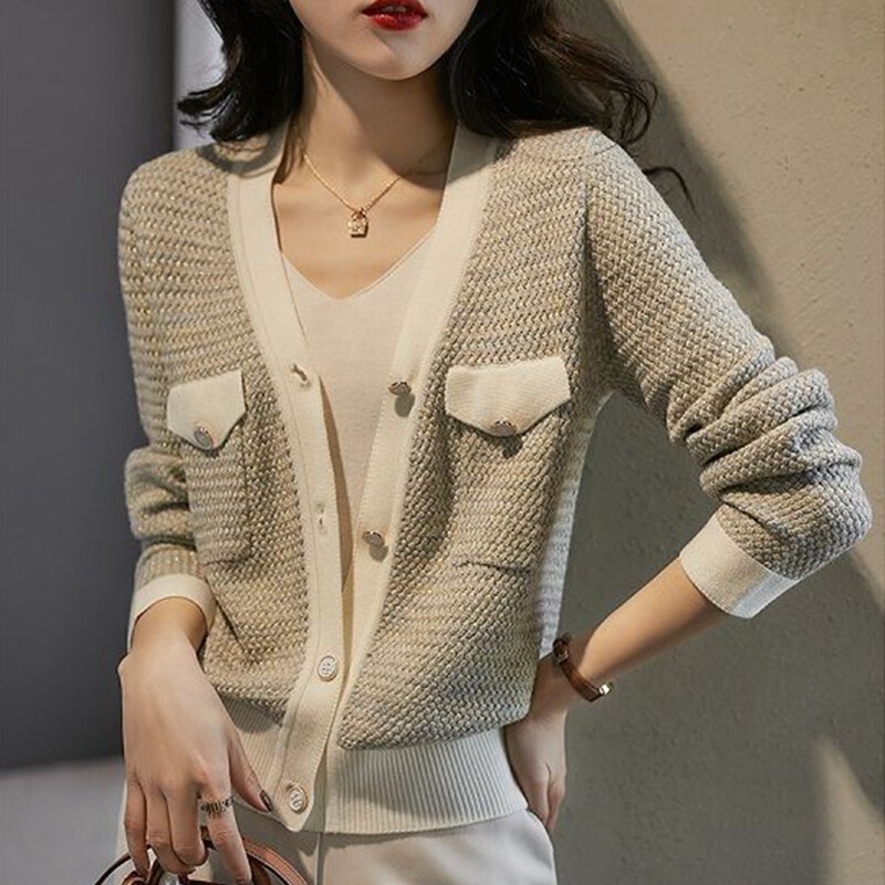 2025 Autumn and Winter New Style Chanel-Style Cashmere Cardigan for Women, V-Neck Long-Sleeve Top with Pockets, Wool Sweater, Knit Jacket