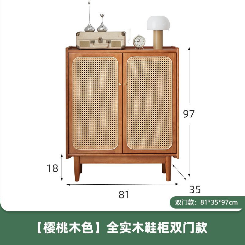 新しい無垢材靴キャビネット籐ドアチェリーウッドカラー小さなアパート玄関収納靴ラック玄関収納キャビネットシンプル