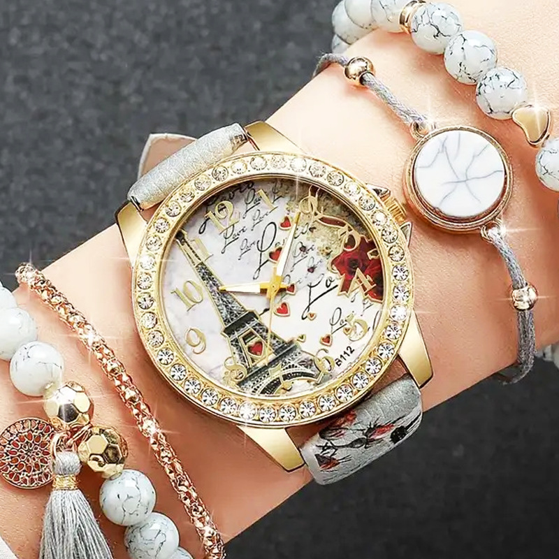 Cross-Border Hot-Selling Women's Watch Paris Tower Printed Diamond Watch Women's Student Quartz Watch Fully Automatic Watch