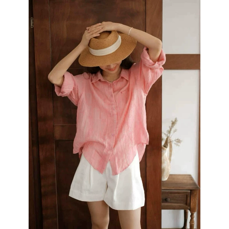 YS8 розово-розовая роскошная летняя новая женская рубашка из рами нежно-розового цвета с защитой от солнца