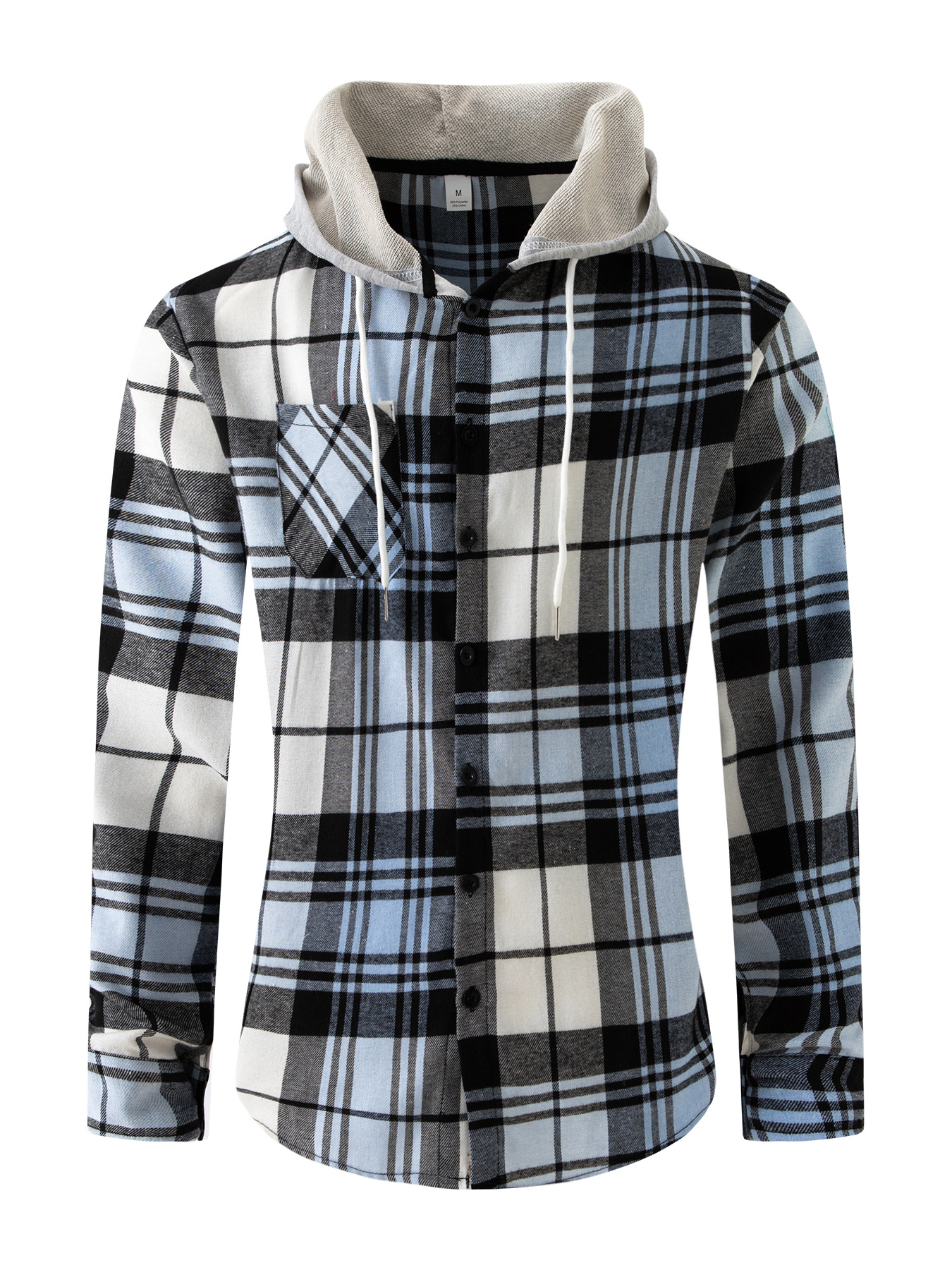 Men's Monochrome Long-sleeve Cotton Blend Hooded Plaid Shirt_voghion.com