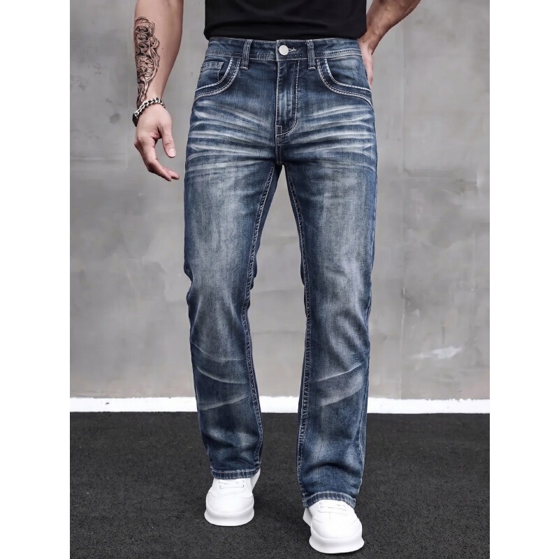 Cross-Border 2026 Summer New American Retro Washed Whiskered Men's Jeans Casual Versatile Slim-Fit Long Pants