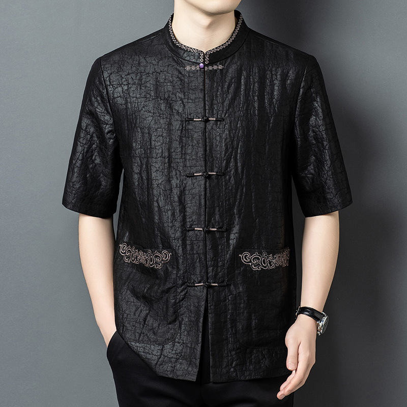 Áo sơ mi ngắn tay nam họa tiết rùa crack, chất lụa mulberry, form rộng thoáng mát — Da đen 26A209