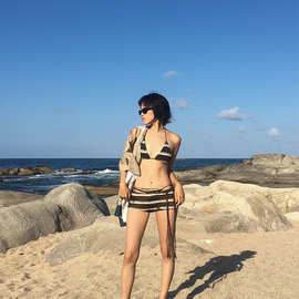 2026新款欧美条纹泳衣女性感三点式比基尼分体四件套温泉度假泳衣