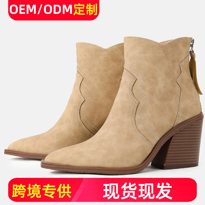 Chelsea Foreign Trade Short Boots Women's Martin Boots British Style 2025 Chunky Heel High Heel Pointed Toe Zipper Ankle Boots Cross-Border