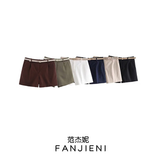 ZR foreign trade wholesale European and American style women's fashion solid color with belt high waist straight casual shorts 8372104