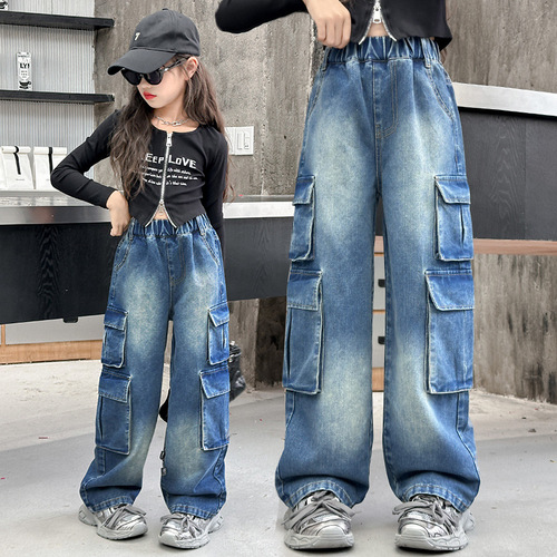 Cross-border children's pants for girls and boys, hip-hop style jeans, spring items for middle-aged children, trendy work pants for children, autumn wide-leg pants, fashion.